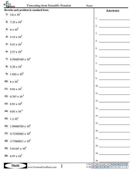 Converting Forms Worksheets - Converting from Scientific Notation worksheet
